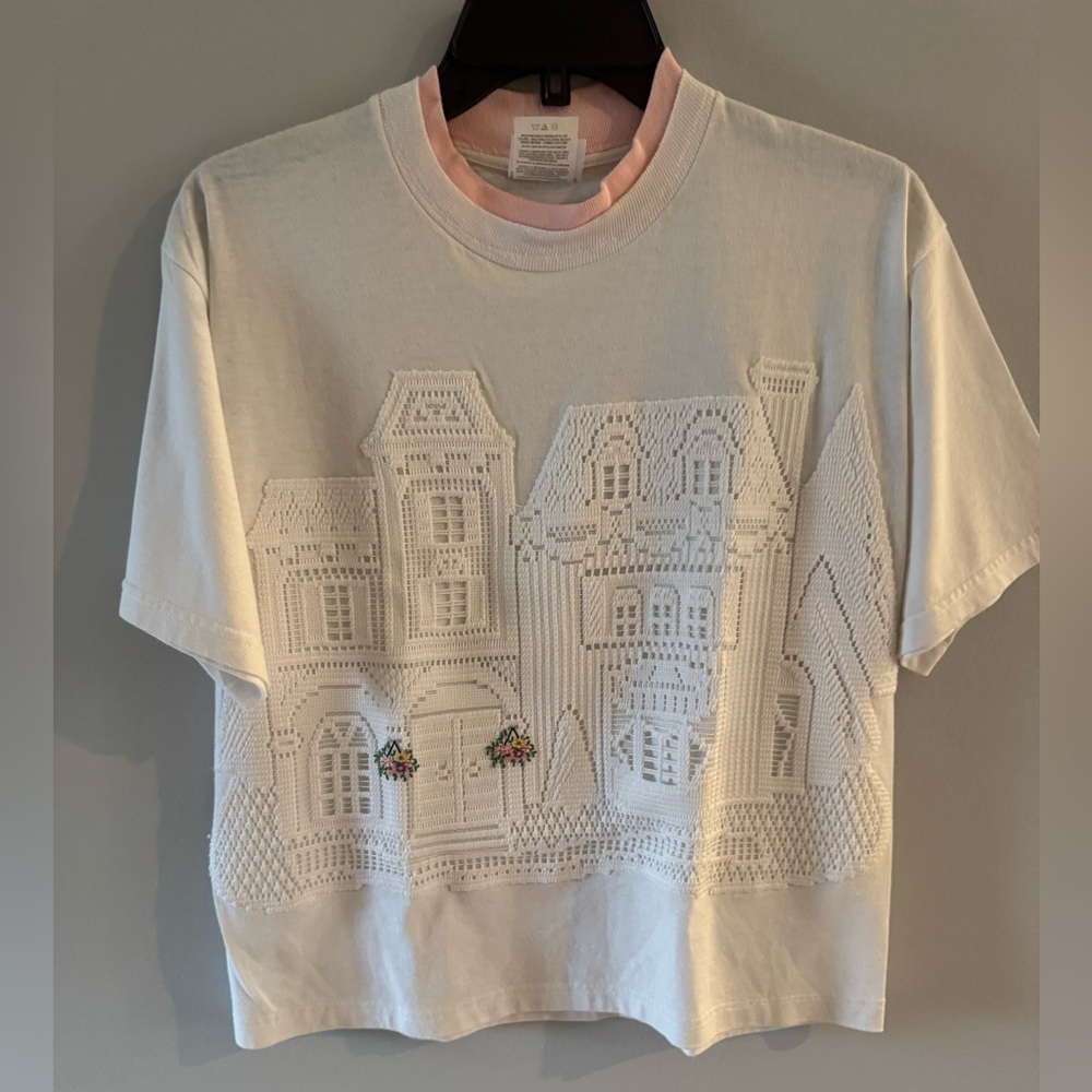 Jerzees White Kids T-Shirt with Pink Trim and Embroidered House Design